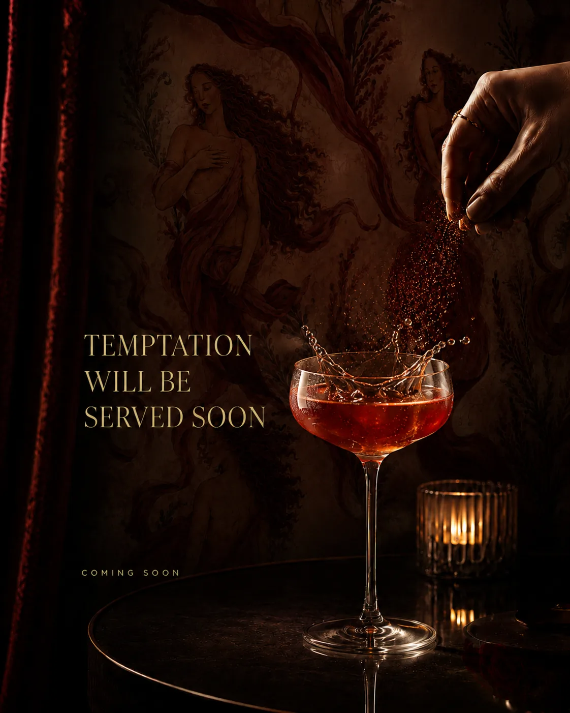 Red cocktail splashing beneath the words Temptation Will Be Served Soon