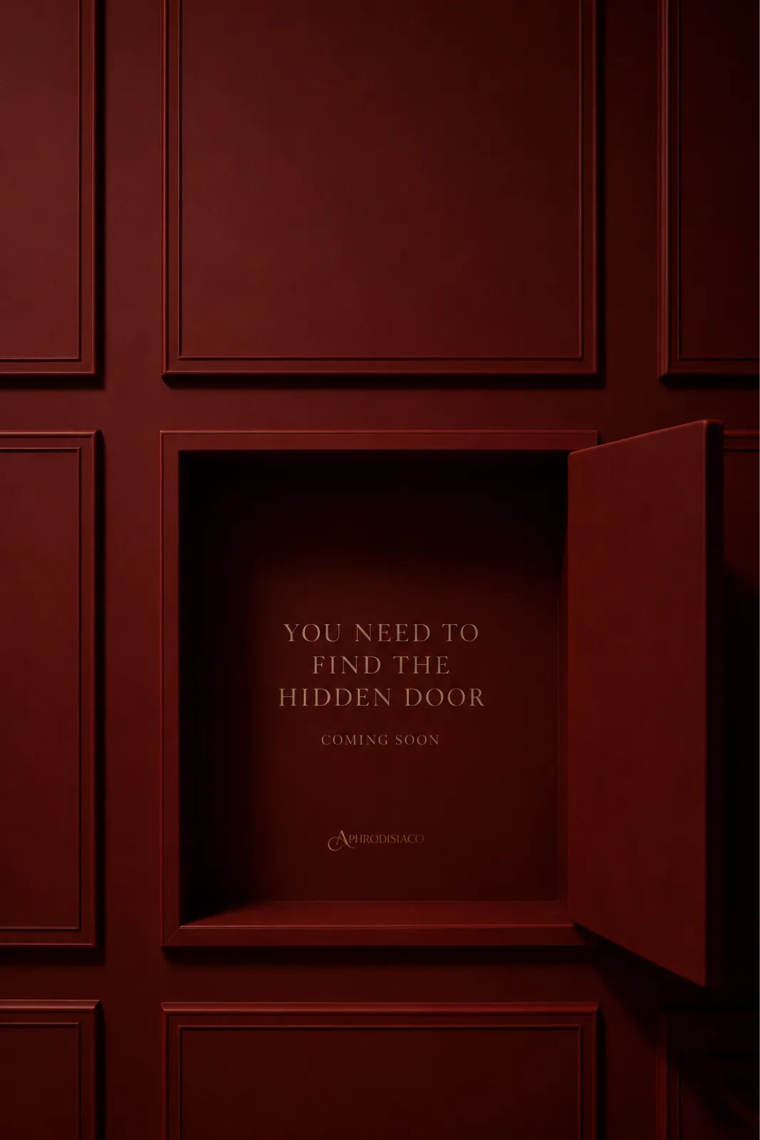 Partially open red hidden door with Aphrodisiaco coming soon message