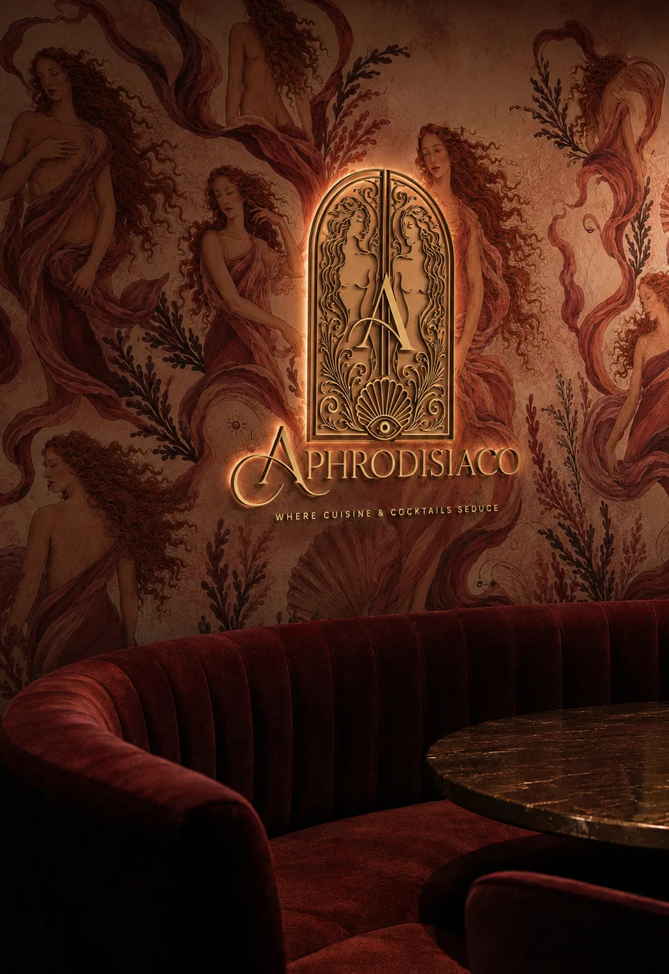 Gold Aphrodisiaco logo displayed above a burgundy lounge booth