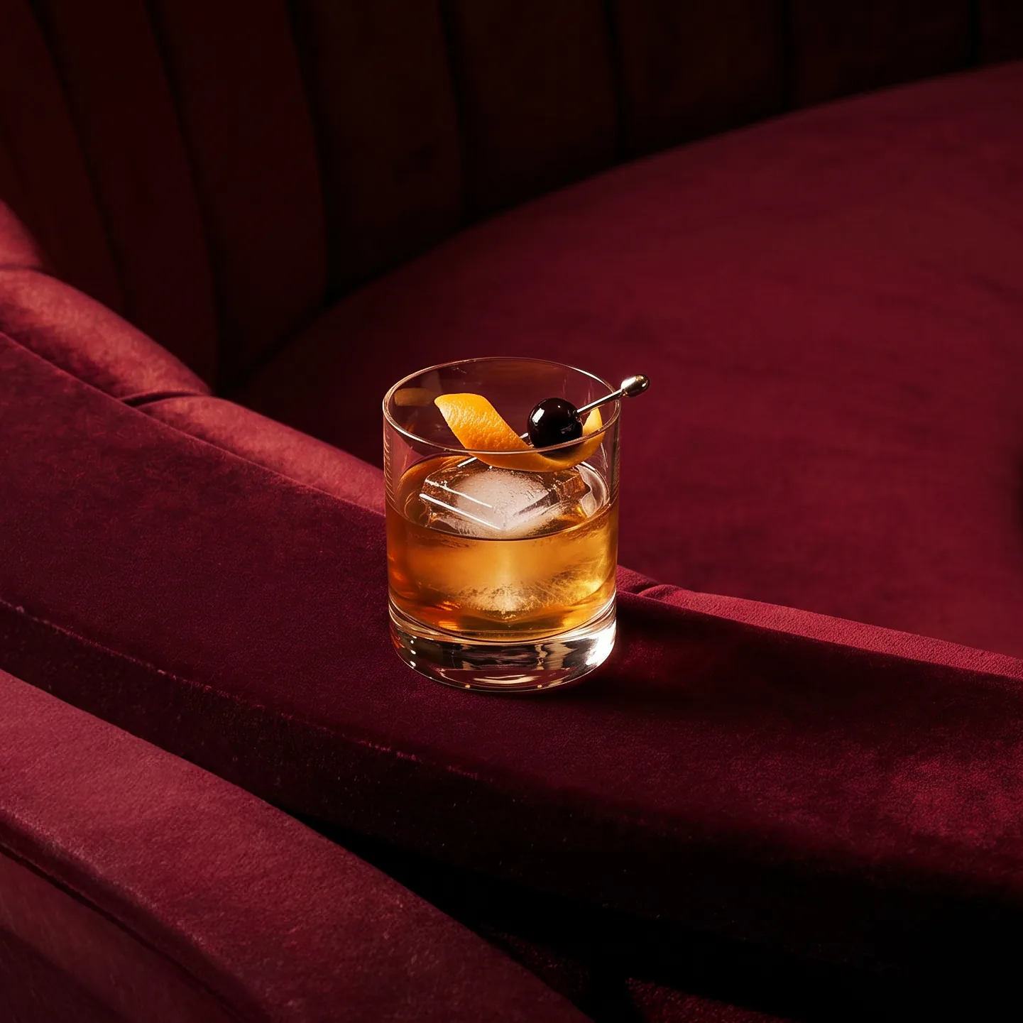 Old fashioned cocktail with orange peel and cherry on burgundy velvet seating